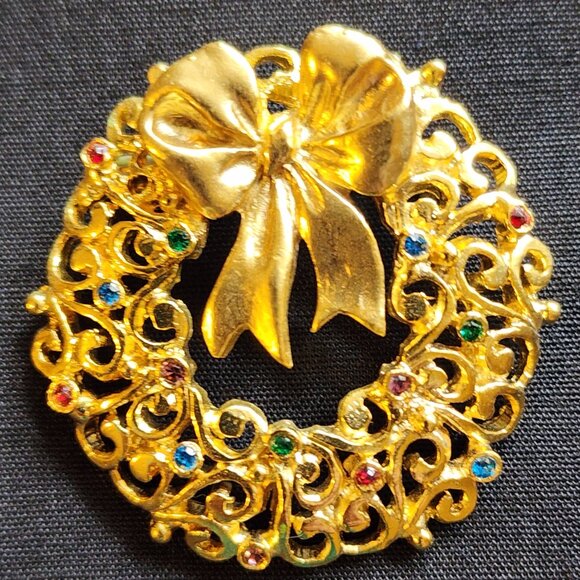 Vtg Robyn Rush Christmas Wreath RR USA & Christmas Tree Brooch Pin Rhinestones - Picture 2 of 16